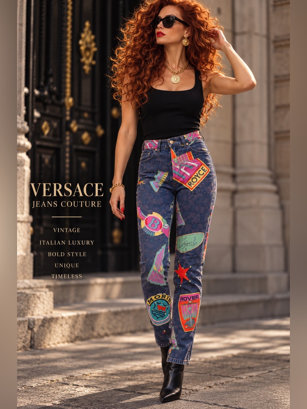 Vintage VERSACE JEANS COUTURE luxury car logo pattern denim pants, Sz XS